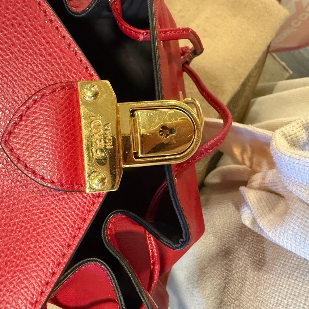 Fendi Red Leather Drawstring Backpack with Gold H… - image 7